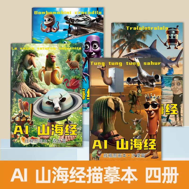 AI山海经描摹本tungtungsahur通通哥木棍人抽象鲨鱼涂鸦填色绘本