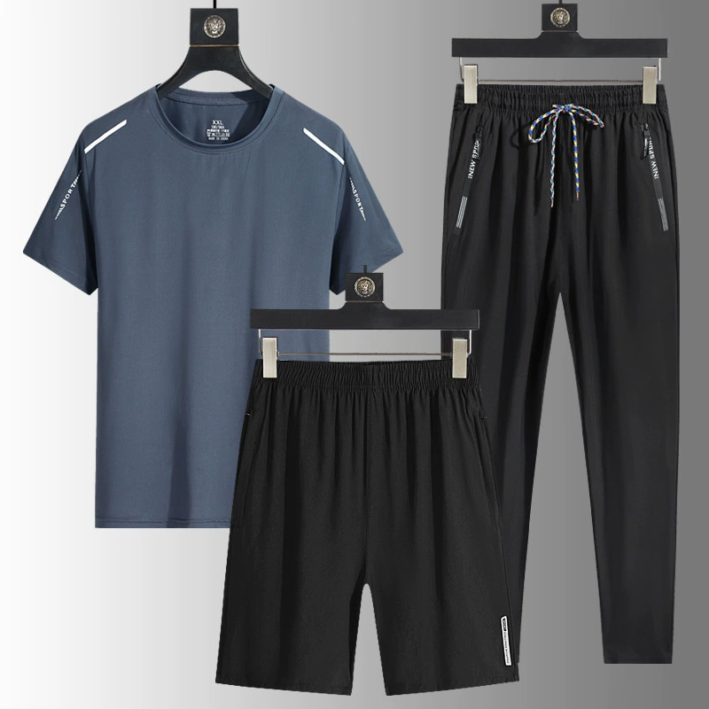 Ледяной шелк спортивный набор из трех частей для мужчин летний новый повседневный короткий рукав футболки брюки шорты спортивный костюм из двух частей