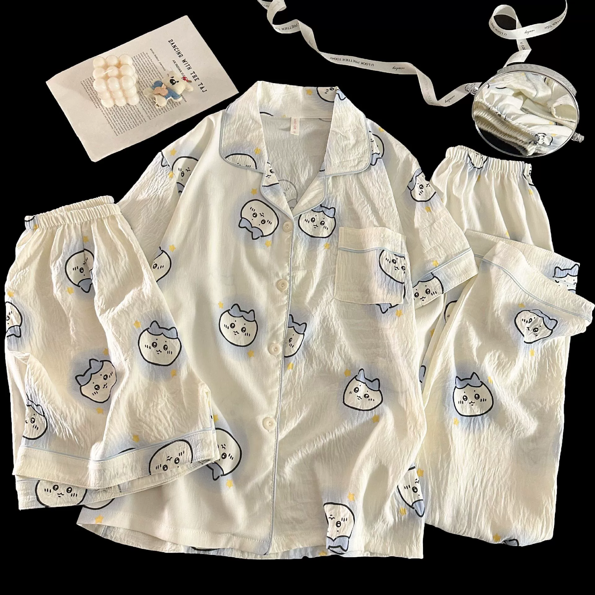 Женский костюм-пижама из хлопчатобумажной ткани, состоящий из трех предметов: топ с короткими рукавами, шорты и брюки, для дома и отдыха.