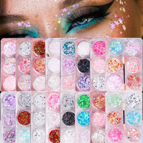 6-Color Sparkling Glue-Free Eyeliner Stickers with Glitter Stars, Shimmering Powder Eyeshadow Face Sticker Lip Makeup Gel