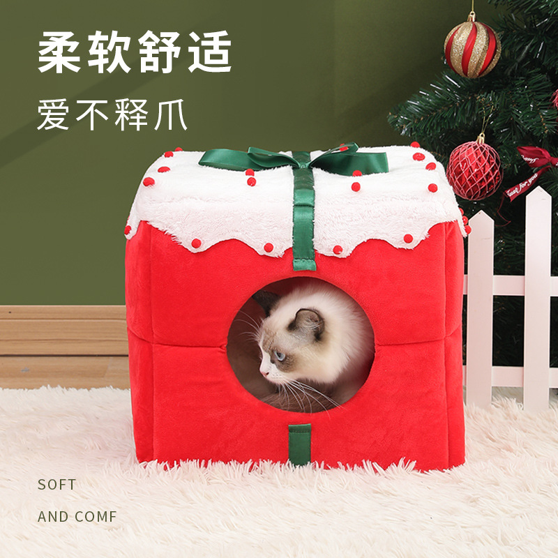 Caja de regalo transfronteriza Nido de gato de Navidad Nido de mascota cuadrado de doble uso de gran espacio completamente cerrado Perrera de invierno al por mayor
