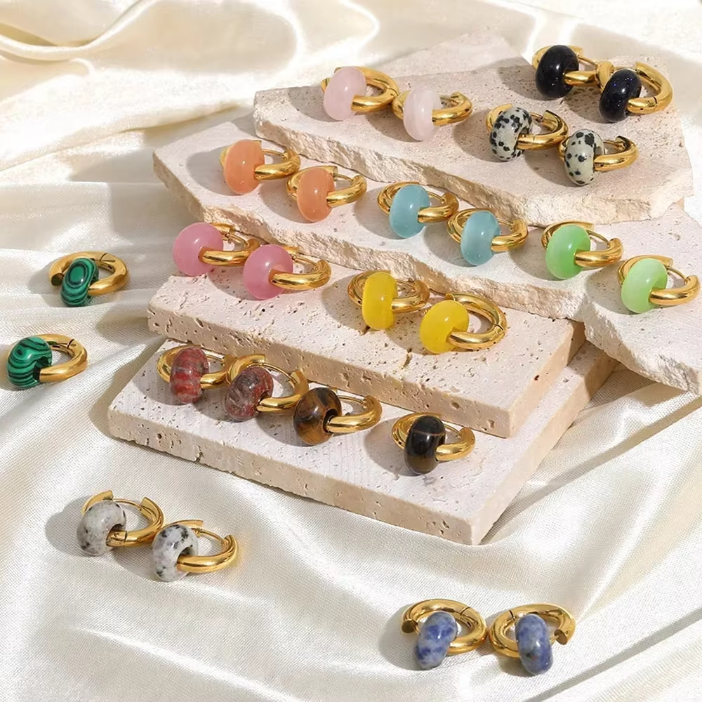 1 Pair Vintage Style Geometric Plating 304 Stainless Steel Natural Stone 18K Gold Plated Earrings display picture 1