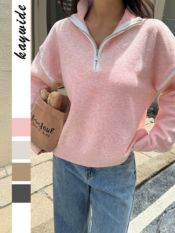 迪芸跨境欧美休闲简约纯色长袖拉链毛衣女装2025秋冬亚马逊独立站|undefined