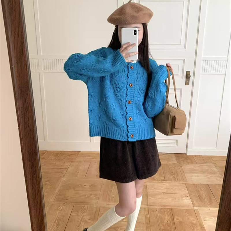 Real Shot of Korean Lace Knitwear for Women 2025 Autum New Retro Stereo Rose Drum Bubble Knitwear Jacket