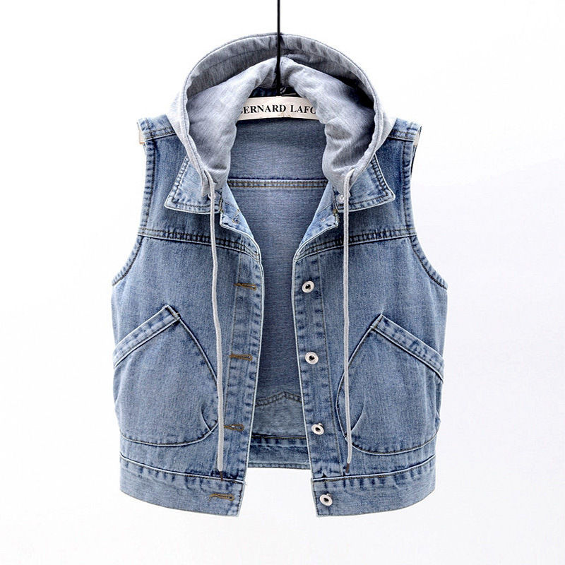 2025 Spring and Autumn New Denim Vest Women's Short Hooded Large Pocket Sleeveless Jacket Versatile Slim Fit Top