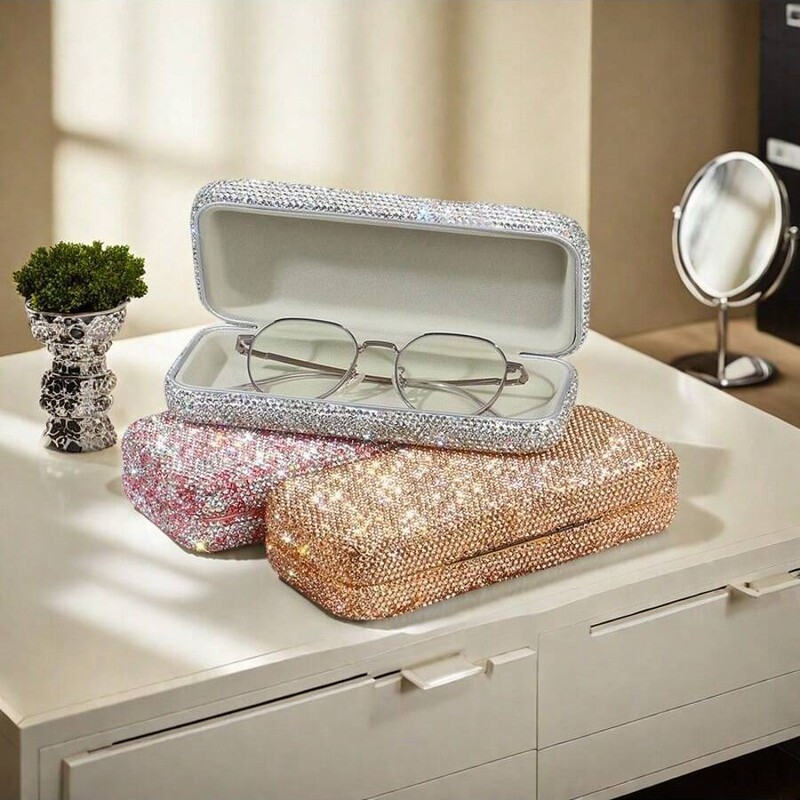 Light Luxury Diamond-Encrusted Glasses Case Storage Box, Fashionable, Sparkling Crystal, Protects Glasses and Sunglasses