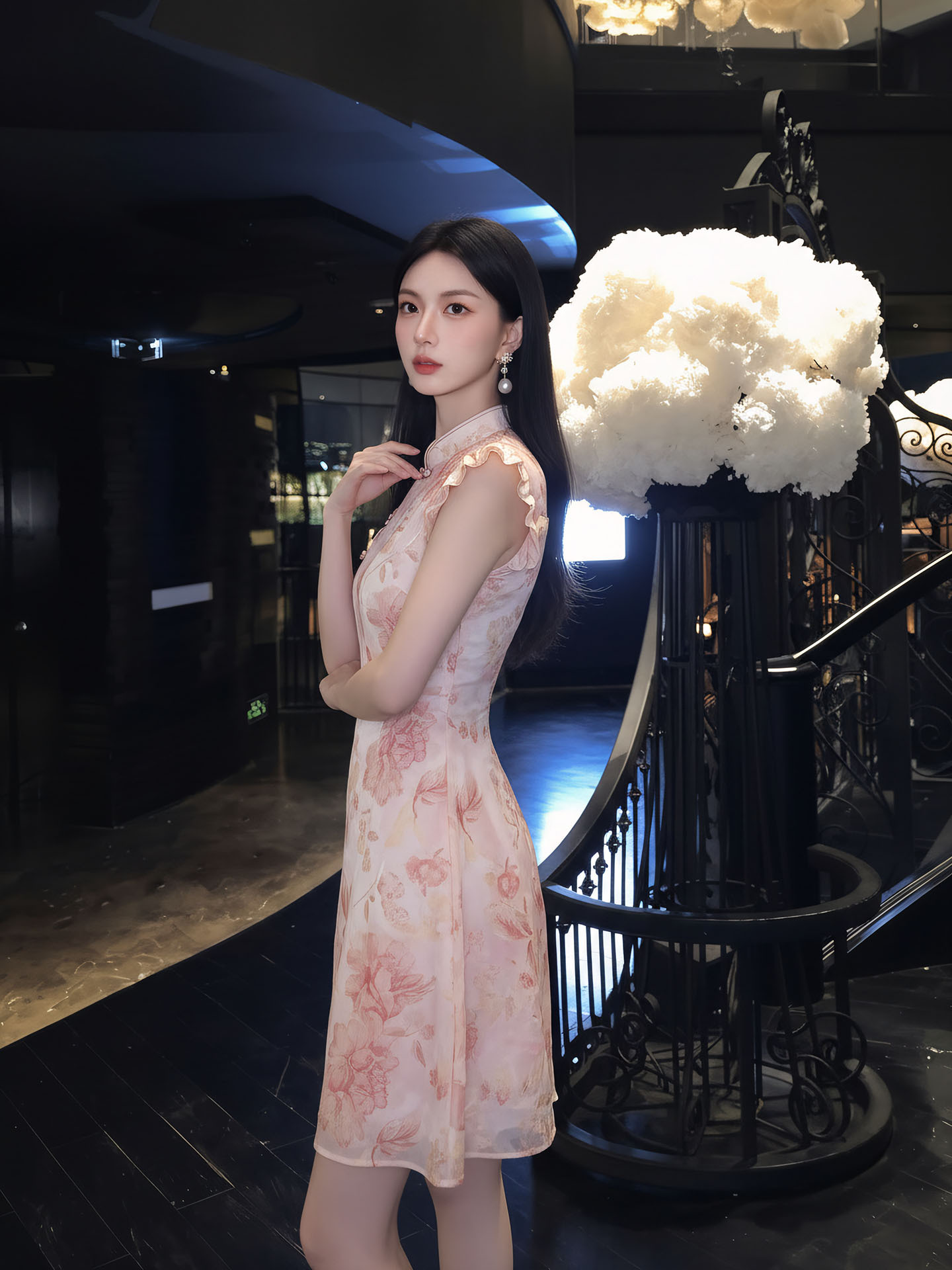 Đầm maxi nữ thắt eo họa tiết hoa nhí tay bèo phong cách Tân Trung Quốc — màu hồng