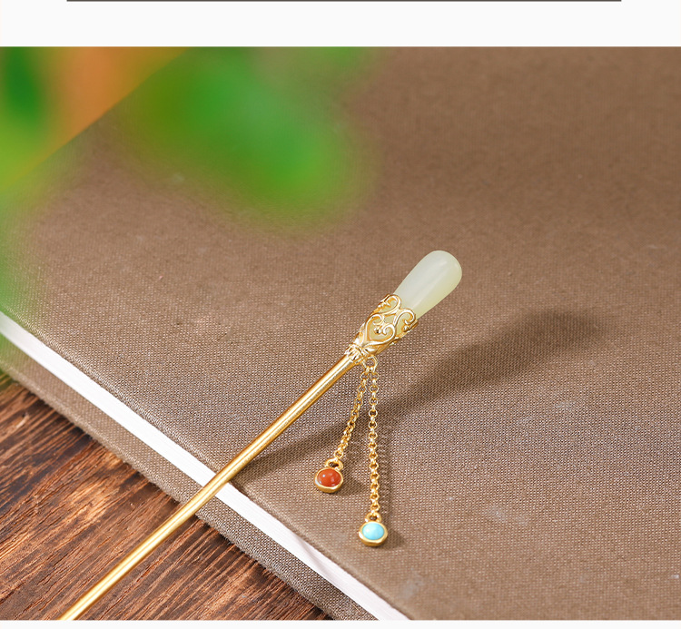 Kẹp tóc bạc S925 mạ vàng đính ngọc nam đỏ, ngọc lam, hình Ruyi tua rua phong cách Trung Quốc — Một chiếc chi tiết 4