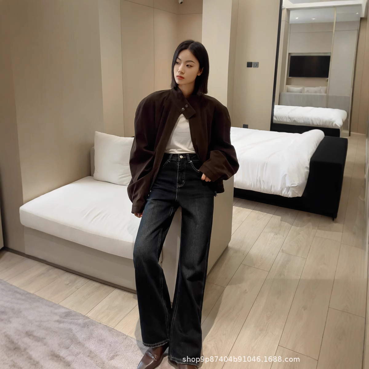 SMX9566-2 킹 프라이드 블랙 골드 기모 스트레이트 바지 아름다운 바지 폭발성 싱글 와이드 다리 청바지 여성