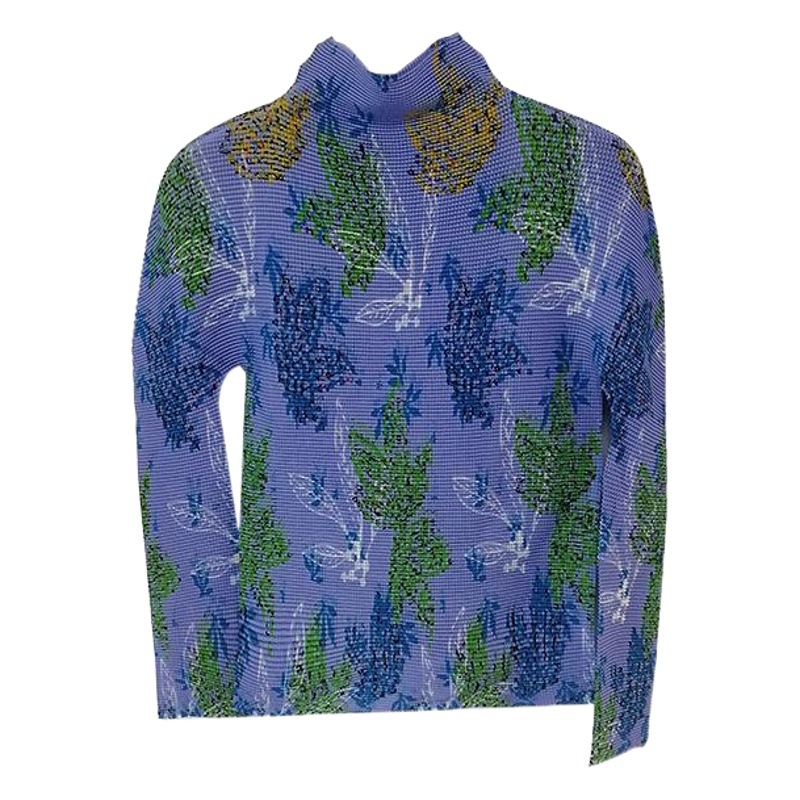 レディース長袖トップス 春夏新作 高伸縮性プリーツファッションプリントハイネックスリムTシャツ 三宅風インナーシャツ