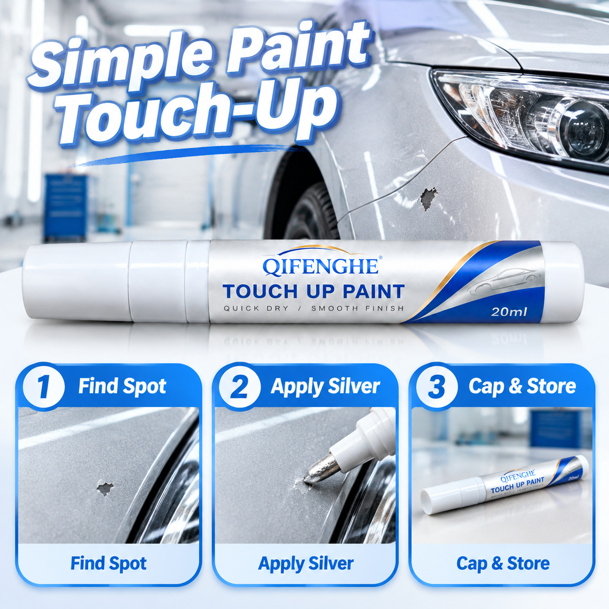 Cross-border car touch-up paint pen, silver scratch repair tool, quick-drying paint repair liquid for car paint, scratch remover, car care and beauty product, 20ml