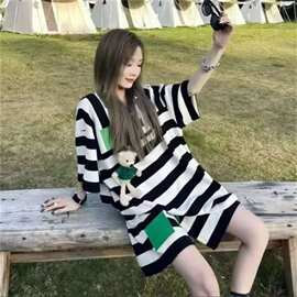 网红时尚休闲运动套装女夏季新款宽松条纹上衣短袖短裤两件套