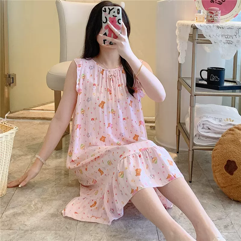 2025年新款夏季薄款棉绸睡衣女可外穿公主风家居服薄款水墨印染裙