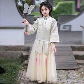 女童汉服新款绿色中国风飘逸襦裙套装儿童两件套小姐装民国风汉服