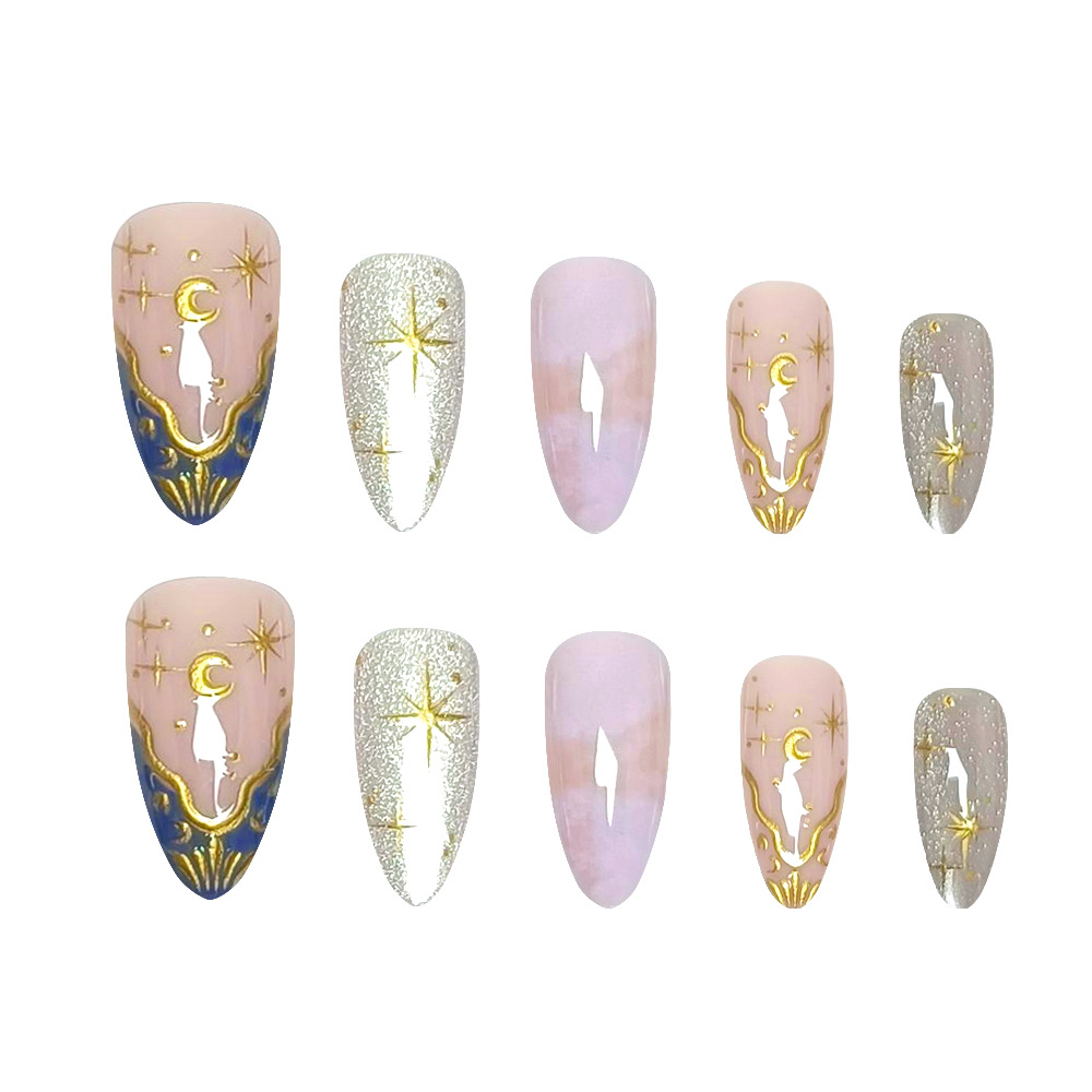 Comercio exterior ojo de gato, oro para vestir un parche de uñas, estrella y luna, un sueño romántico, 24 piezas de parche de uñas terminadas.