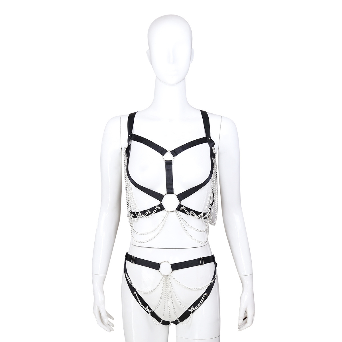 Body erótico SM con tiras de cadena, lencería ajustada y sexy estilo bondage de tres puntos que revela el pecho, conjunto de pasión para adultos.