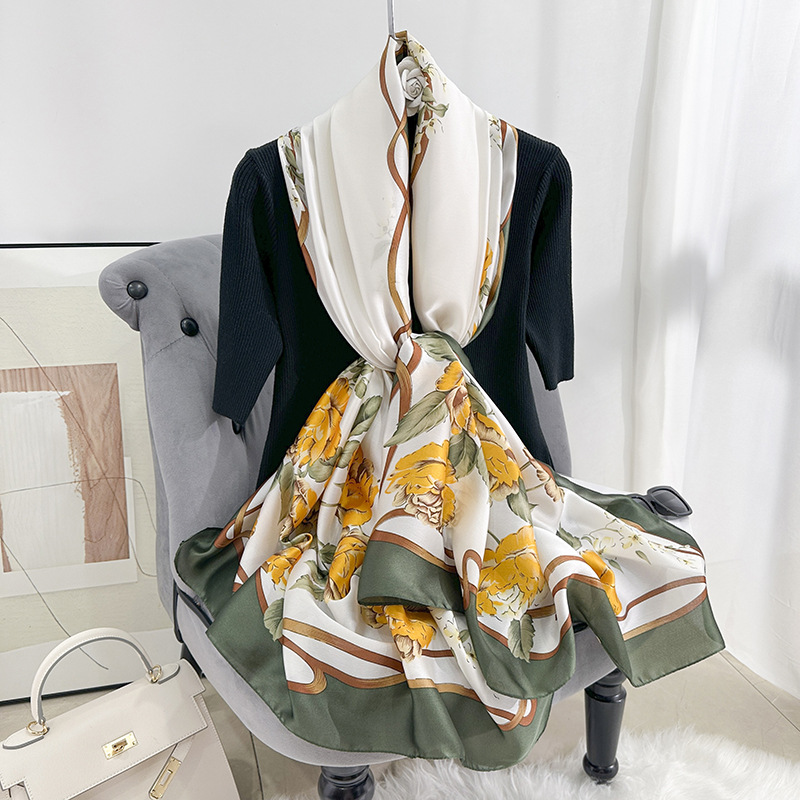 Bufanda de Satén con Estampado Floral Vintage de Poliéster Térmica Protección Solar para Verano