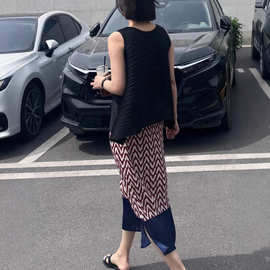 显瘦半身裙搭配一整套女时尚褶皱无袖t恤上衣+半裙套装女装两件套