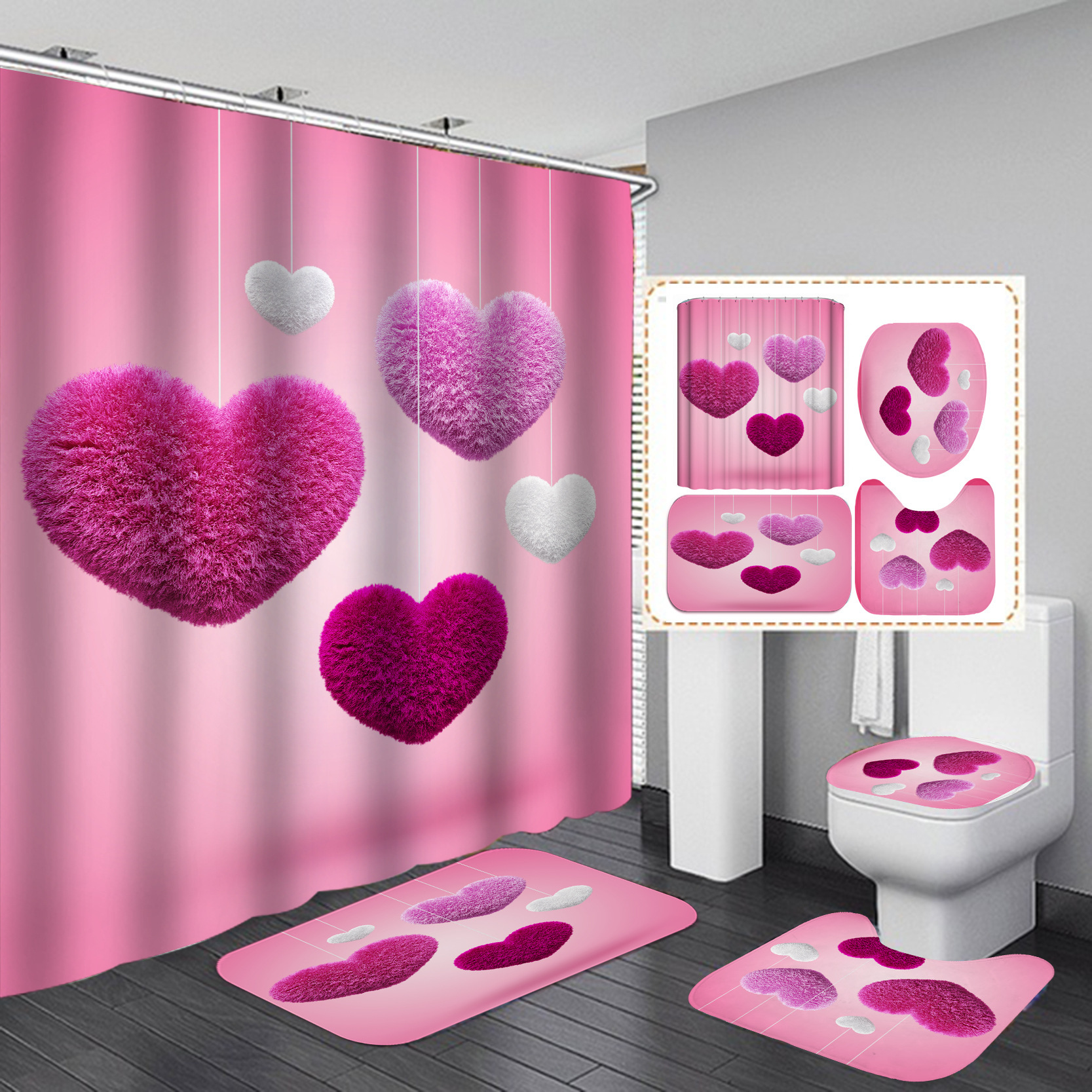 Cortina de baño impermeable y seca rápida, almohadilla de inodoro, baño transfronterizo, conjunto de cuatro piezas, cortina de aislamiento de baño antideslizante impresa en rosa image 42