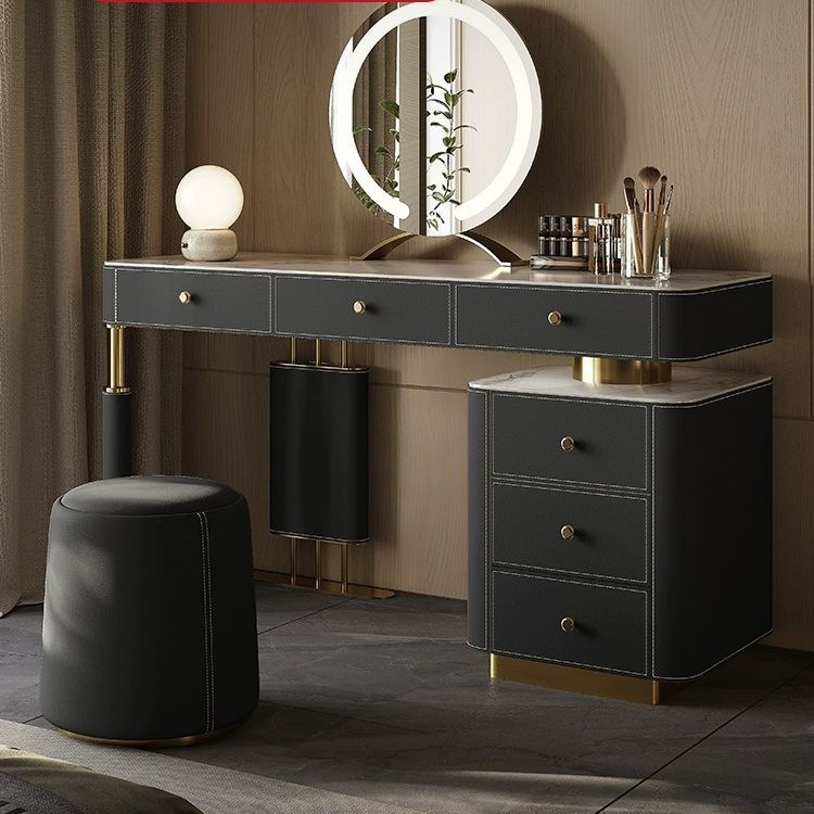 Light Luxury Bedside Table, Makeup Table, Integrated Saddle Leather Dressing Table, Modern Bedroom, Light Luxury, High-End Slate Storage Table