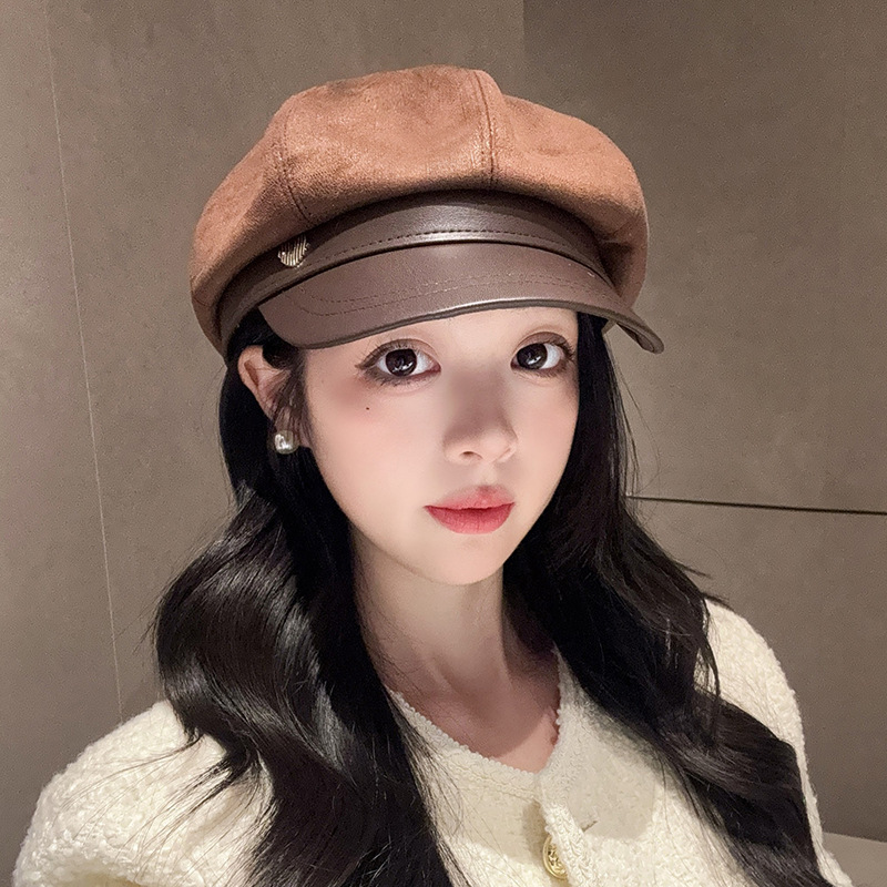 复古pu皮拼接八角帽子女春秋宽檐百搭鸭舌报童帽显脸小贝雷画家帽|undefined