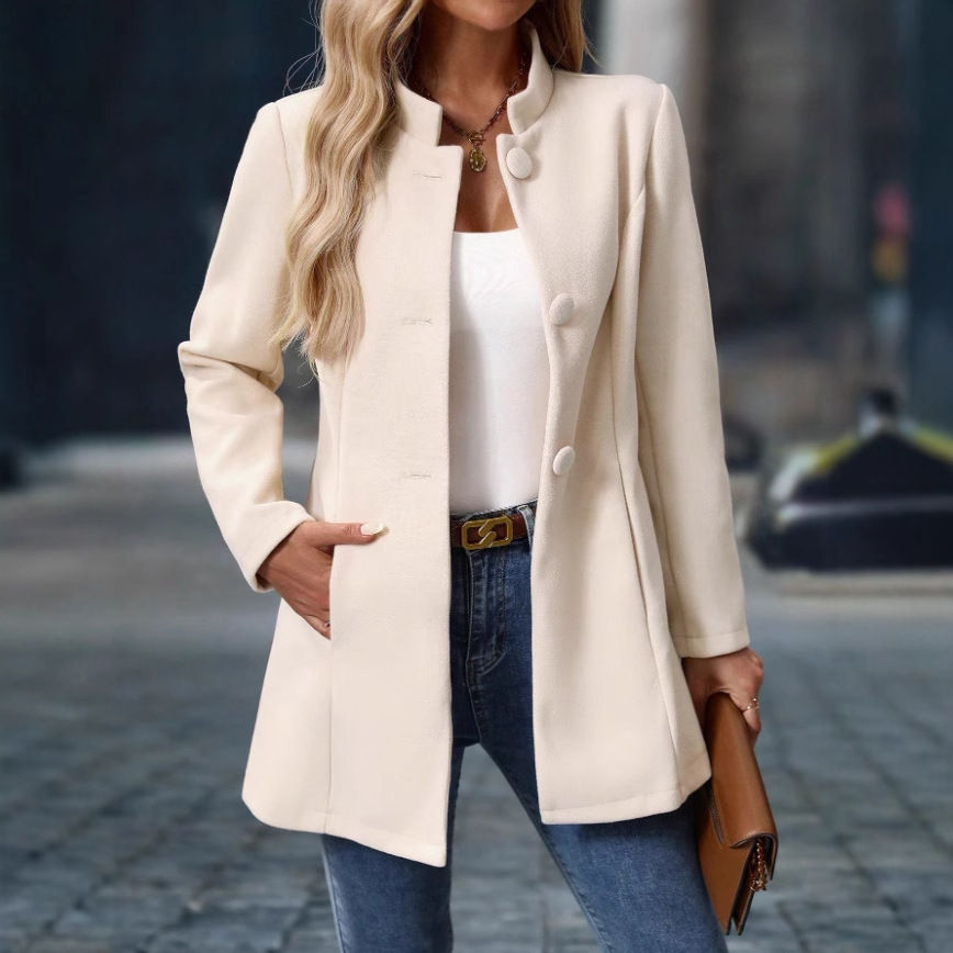 Women's Casual Stand Collar Mid-Length Woolen Coat 2025 Cross-Border Export Amazon Autumn and Winter Outwear Independent Station