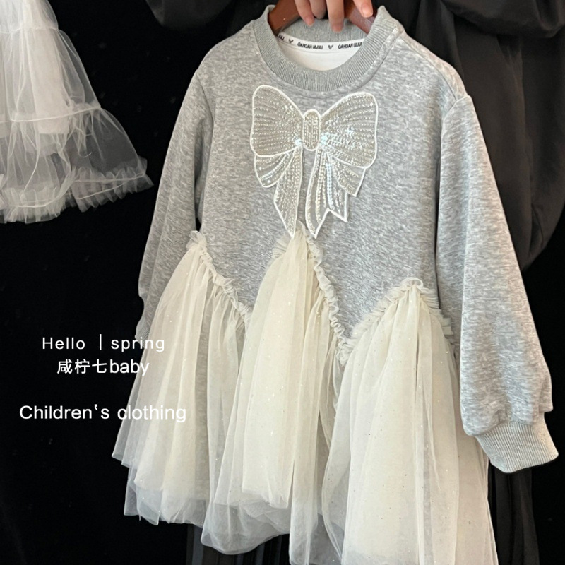 Vestido de niñas 2025 primavera extranjera bebé arco regalete vestido de malla para niños camiseta