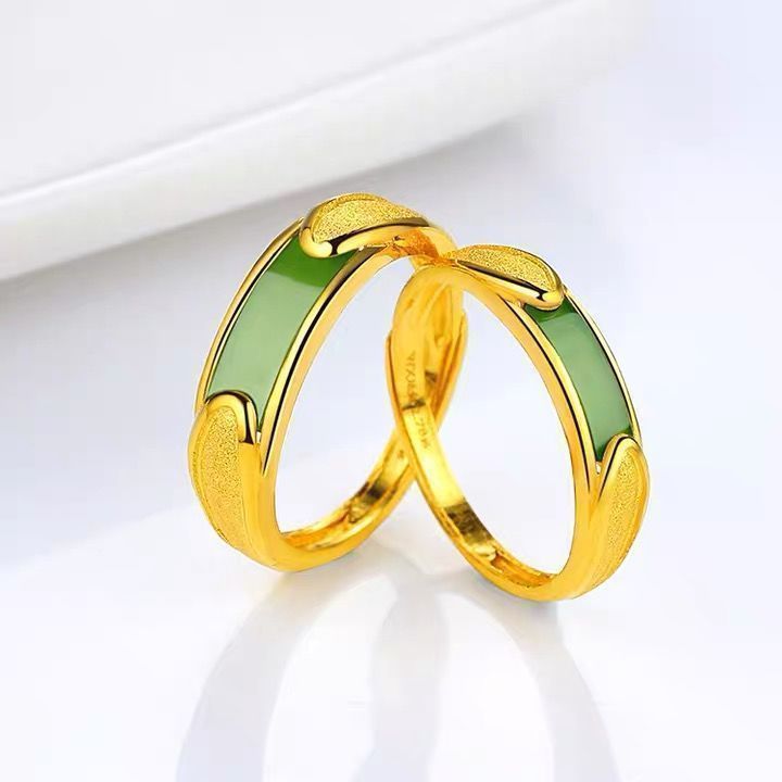 砂金ジュエリー カップルリング オープンタイプ カップルリング 女性用 高級感 模造金 小さな個性的な翡翠入り砂金リング|undefined