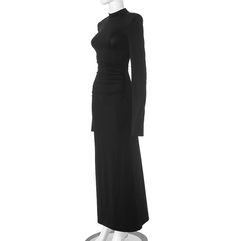 Women Clothing Sexy Slim Fit Solid Color round Neck Split Cuff Maxi Dress