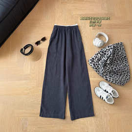 麻本色天丝麻混纺撞色松紧腰直腿裤女新春款宽松垂感棉麻直筒裤