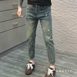 刮烂复古牛仔裤男修身小脚2025春夏季新款个性烫钻弹力九批发