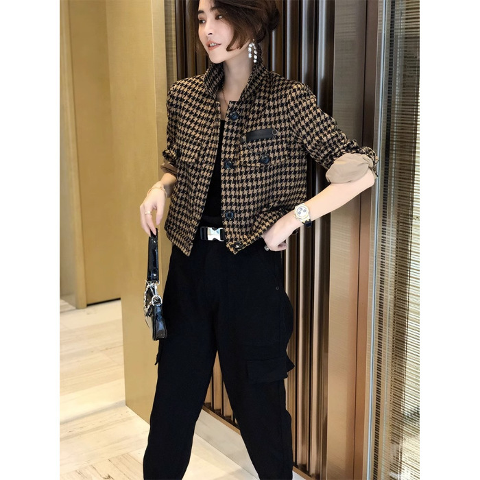 千鸟格短款外套女2025年秋装新款时尚小个子长袖夹克洋气休闲上衣|undefined