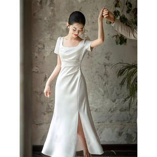 White Elegant Engagement Dress Women's 2025 Summer New French License Small White Dress Simple Elegant Daily Wear