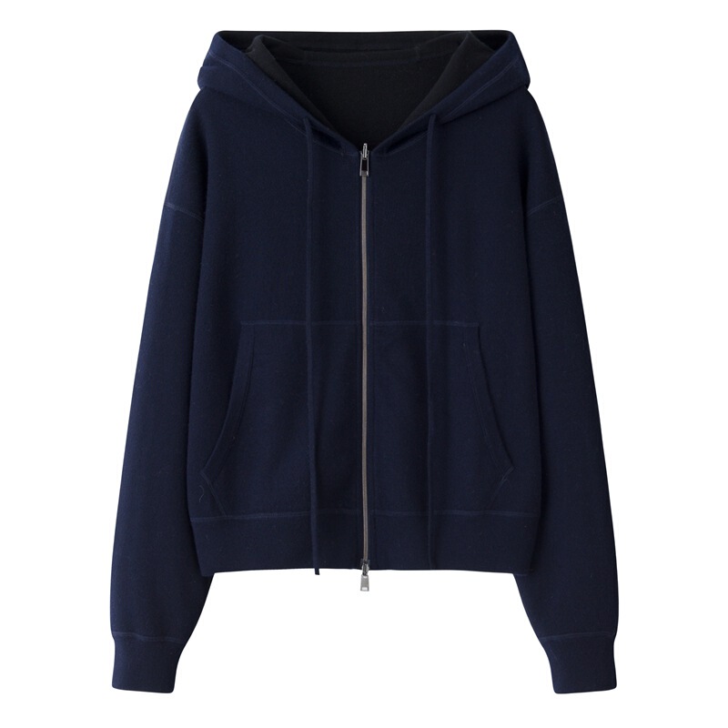 100 Pure Cashmere Worsted 60 Count Thickeneded Hooded Sweatshirt Cardigan Women's Double-Sided Wearable Jacket Zipper Cashmere Sweater