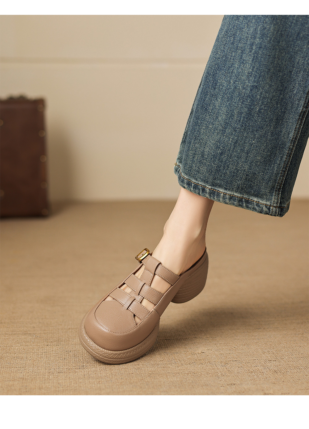 Sandal cao gót nữ mũi hở đế dày da cừu kiểu dệt lỗ — màu trắng ngà chi tiết 11