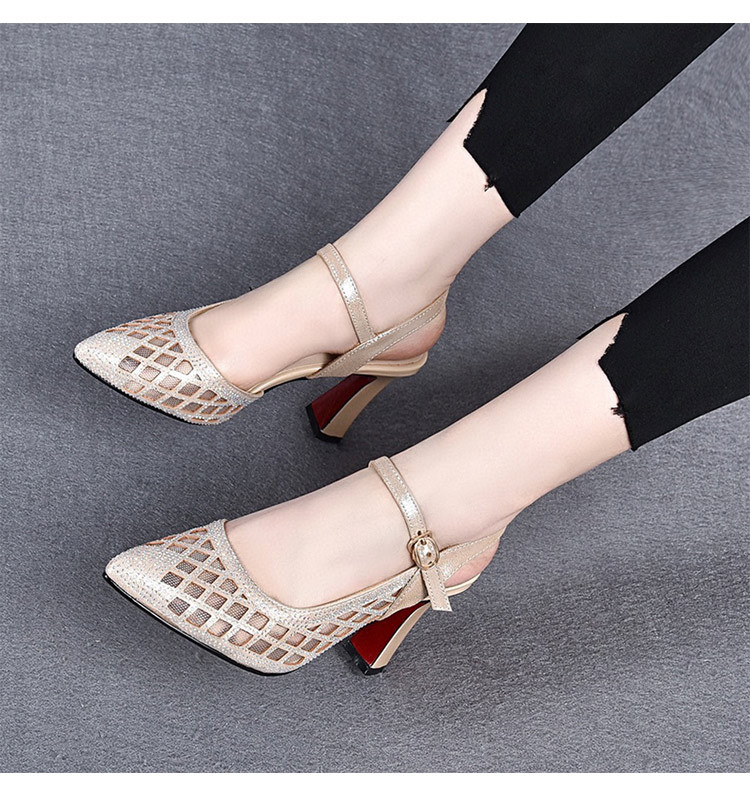 Sandal cao gót nữ mũi nhọn bít mũi lưới khoét lỗ, quai đơn, gót 3 cm — Gót vàng 3cm chi tiết 4