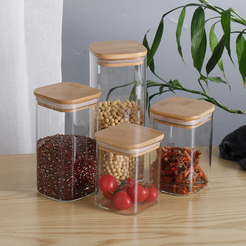 Fábrica personalizada nuevo tarro de té tarro de almacenamiento de vidrio transparente caramelo tarro de bocadillo tarro sellado cuadrado de borosilicato