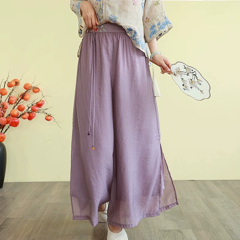 Винтажные однотонные широкие брюки из льна Tencel для женщин, новые летние свободные повседневные двухслойные укороченные брюки с вышивкой