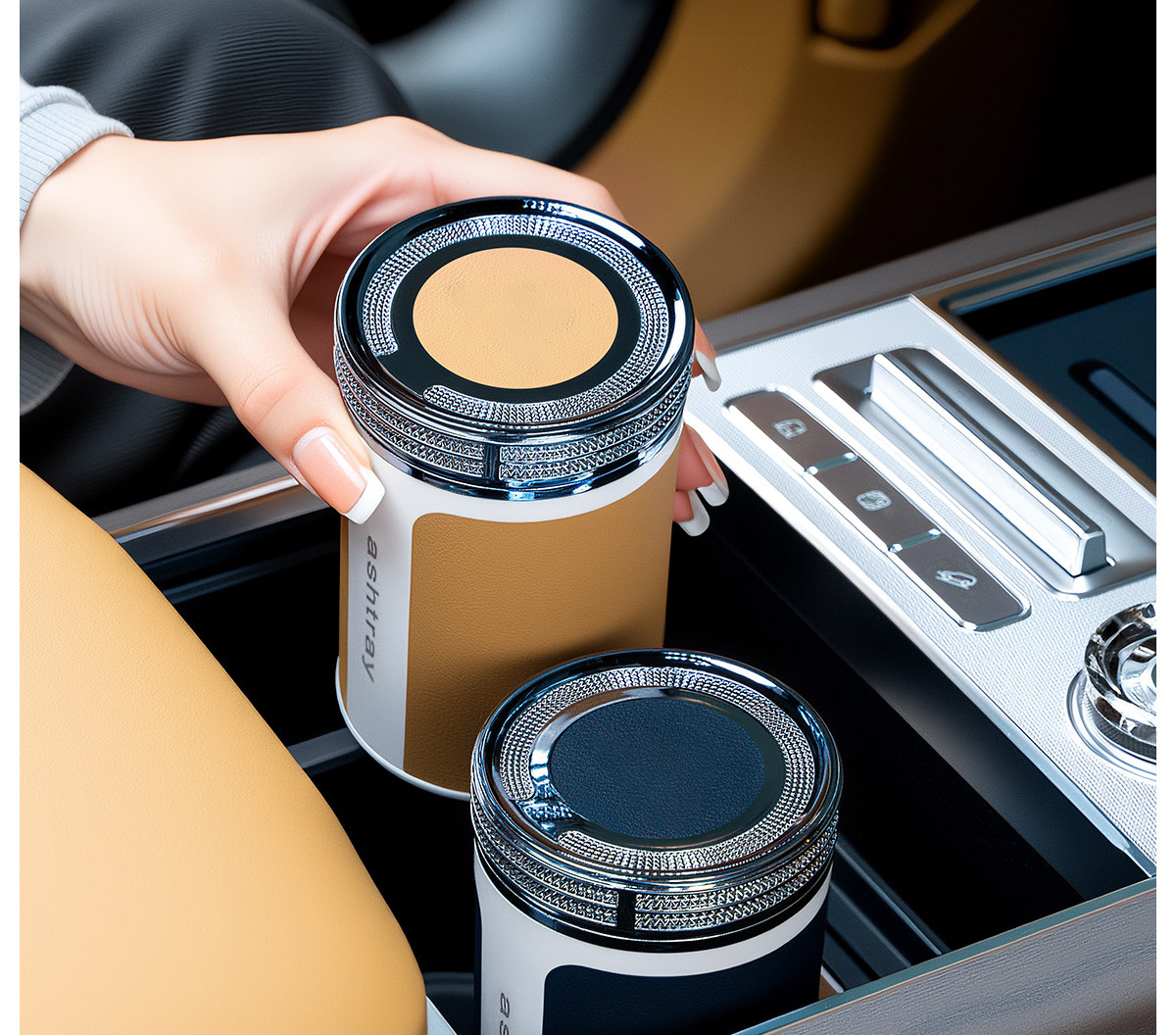 Car-mounted ashtray with lid, black, sealed, leather-textured, flame-retardant interior, ceramic, high-end, for use inside the car