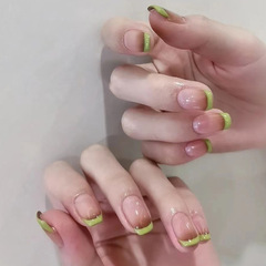 Spring New Product Ash Green Color Block Gradient French Fresh Nail Instagram Style Red Book Exclusive Wearable Nails