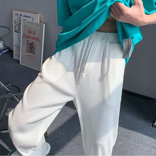 Men's Summer Thin Ice Silk Pants, Trendy Brand, Versatile, Cool Style, Sporty, Loose Straight Leg, Plus Size, Flowy Wide Leg Casual Pants