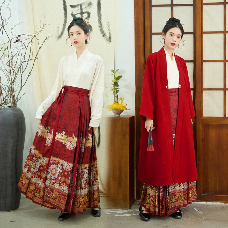 Настоящая тканая Золотая юбка с конским лицом, оригинальная Ханьская одежда, длинное пальто с енотом в стиле Han Element, осенне-зимнее универсальное шерстяное пальто, Национальный стиль