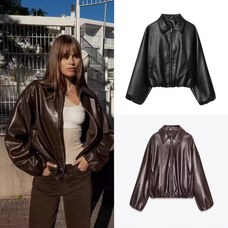 Cross-Border Foreign Trade Spot European and American Style Women's Autumn New Casual Loose Design Long-Sleeved Leather Jacket