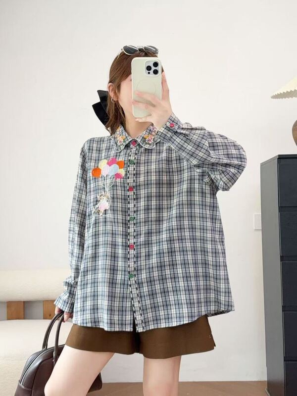 Korean-style new cartoon embroidered kitten balloon plaid loose women's cardigan long-sleeve shirt wholesale