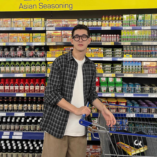 Korean style black checkered long-sleeved shirt men's spring and autumn fashion brand high-end lazy style casual loose shirt coat 