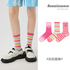 Renaissance original women's socks pink striped girly dopamine trendy socks autumn warm combed cotton mid-calf socks