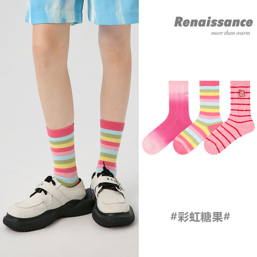 Renaissance original women's socks pink striped girly dopamine trendy socks autumn warm combed cotton mid-calf socks