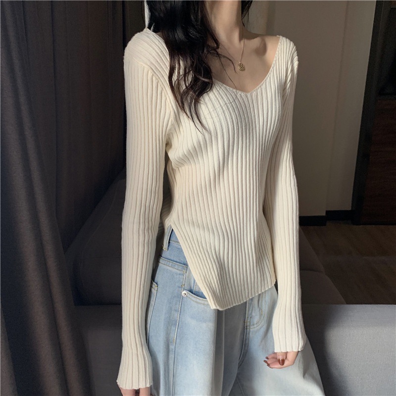V-Neck Knit Sweater for Women, Autumn 2025 New Design, Stylish Slit, Slim Fit, Inner Layer Sweater, Student Top