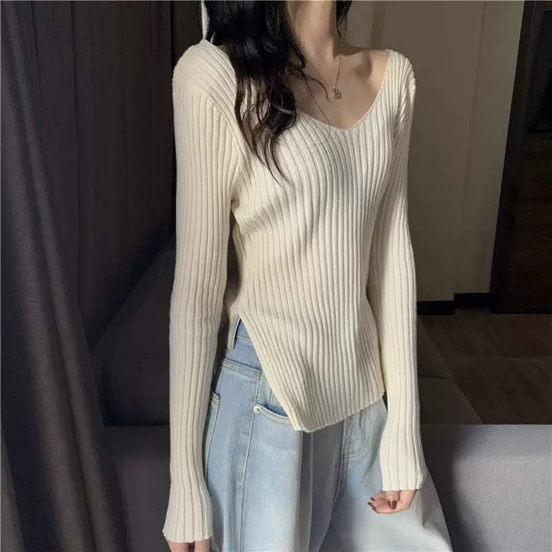 v领打底衫针织衫女秋季2025新款设计感开叉修身内搭毛衣学生上衣
