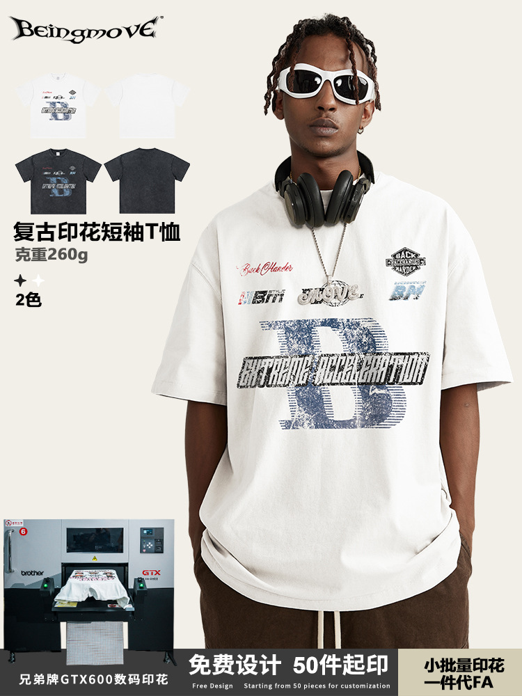 2025 verano americano de nicho de marcas de carreras letras de manga corta lavado casual hacer viejas camisetas de hombres y mujeres de tamaño grande